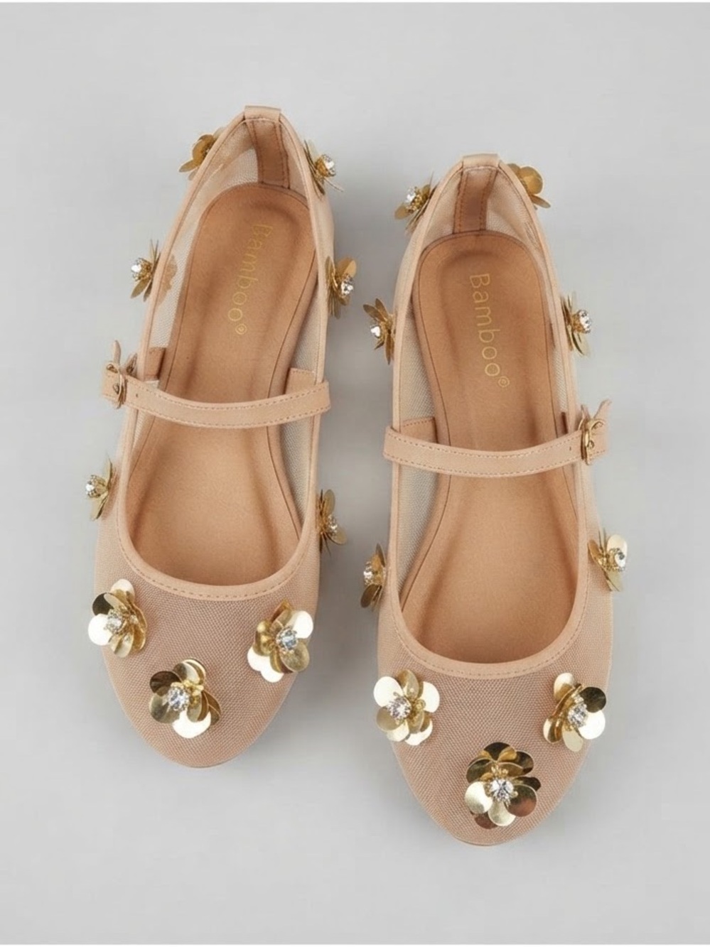 Bamboo Floral Sequin Mesh Mary Jane Ballet Flats Nude Gold / Size 7M